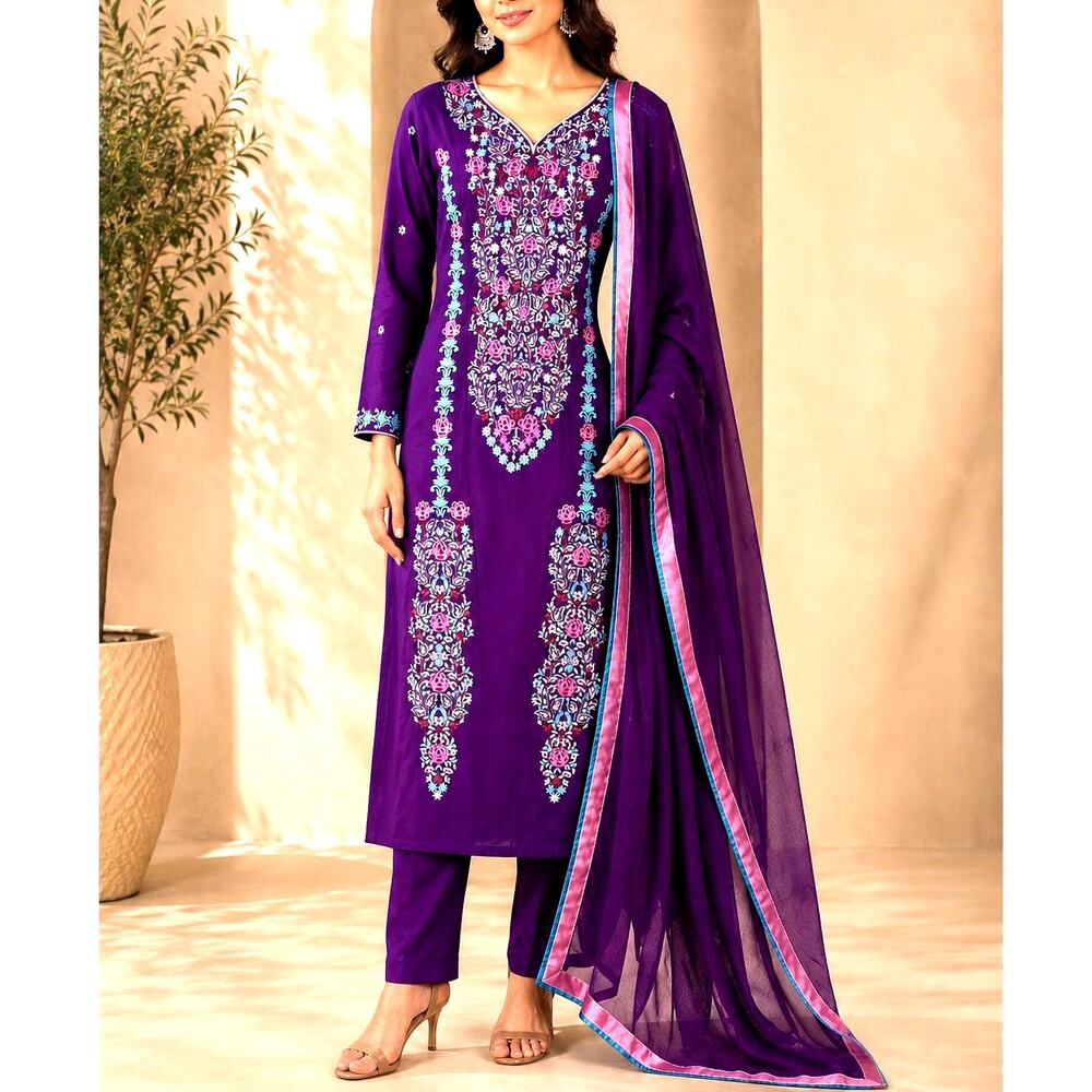 Purple Indian Pakistani Dress Cotton Embroidered Dress Pants Scarf Set Size XS